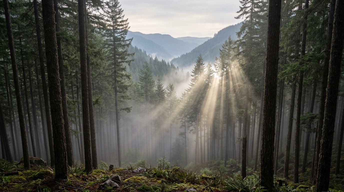 Morning fog and sun rays scattering through trees in a forest valley