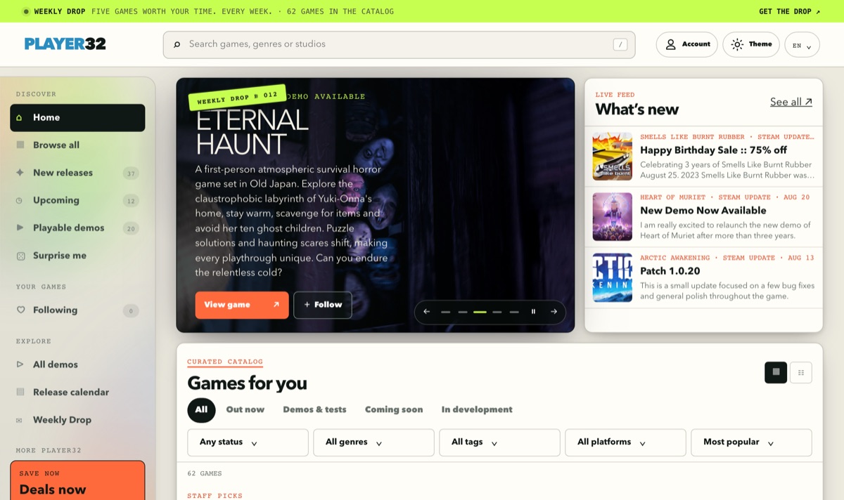 The Player32 home page with the featured game of the day and the catalog