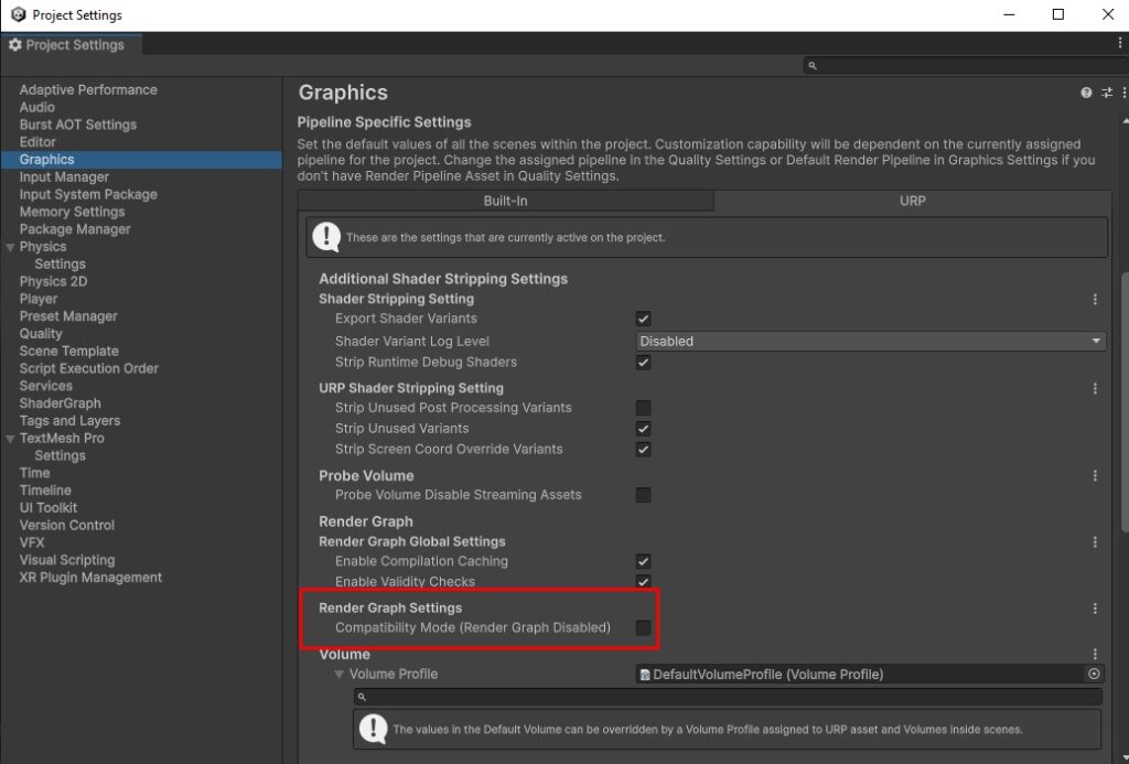 URP compatibility mode setting for Render Graph in Unity