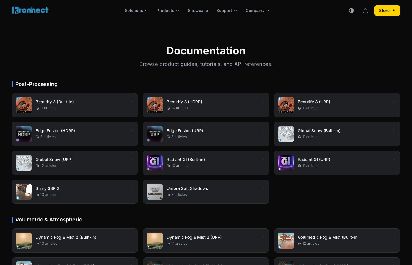 Documentation hub with product categories, pipeline filters and search
