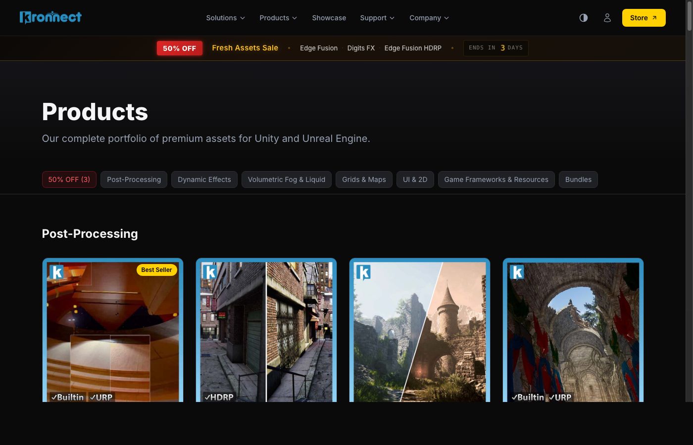 Products page with category filters and product cards