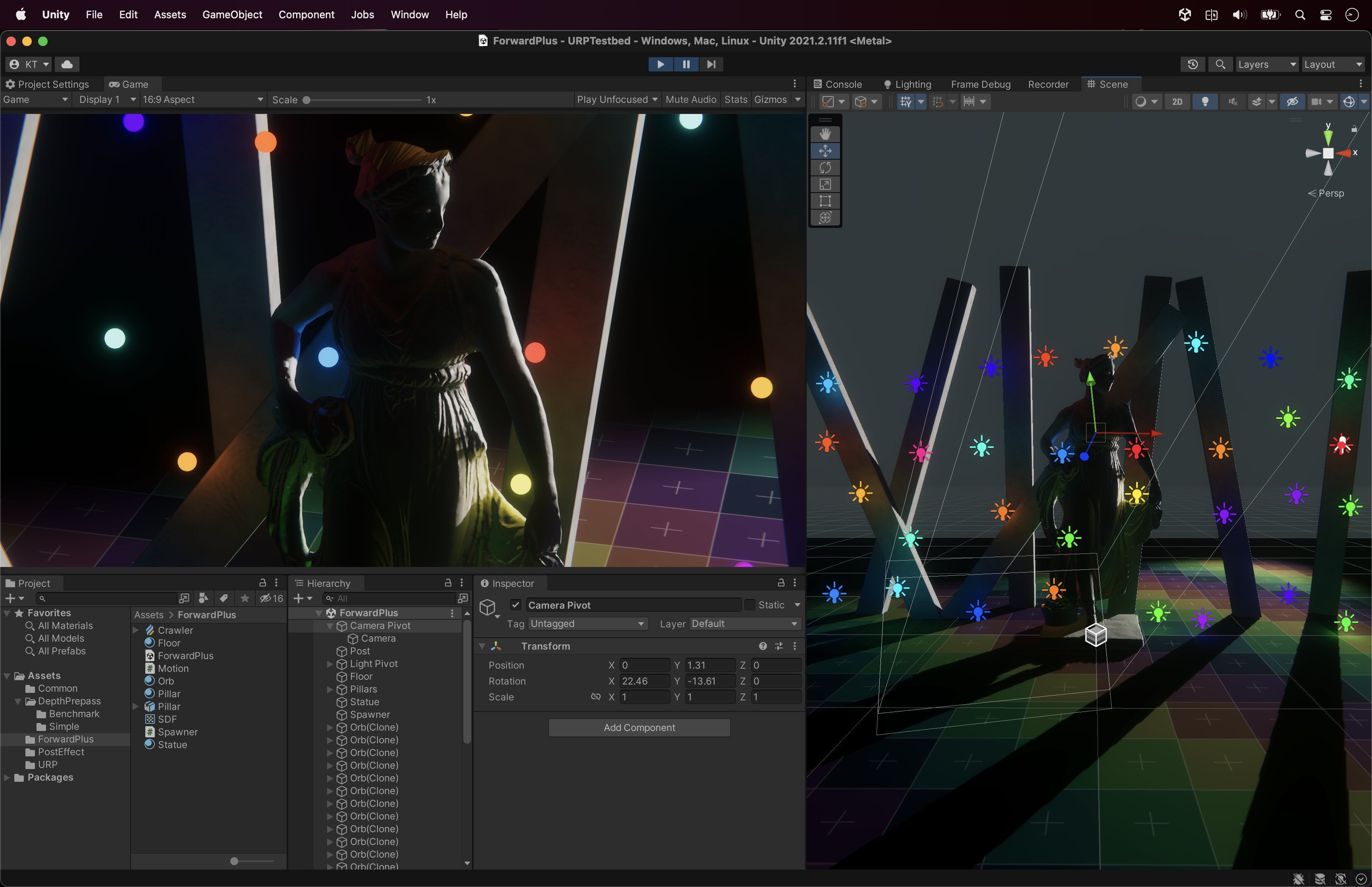 Volumetric fog in a Unity URP scene illuminated by many point lights