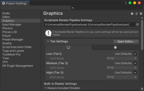 Assigning URP Pipeline Asset in Graphics settings