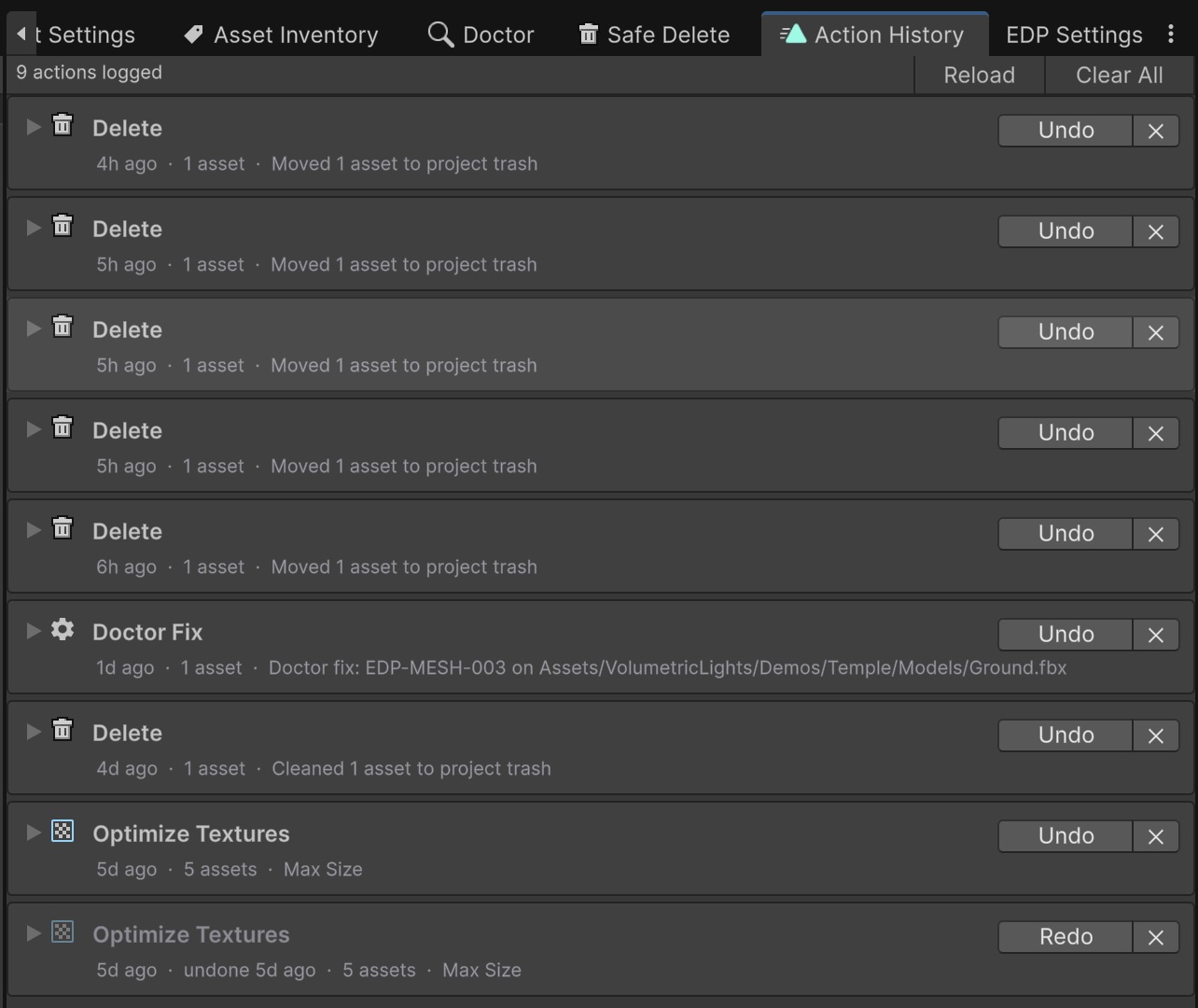 Action History window with entries listed