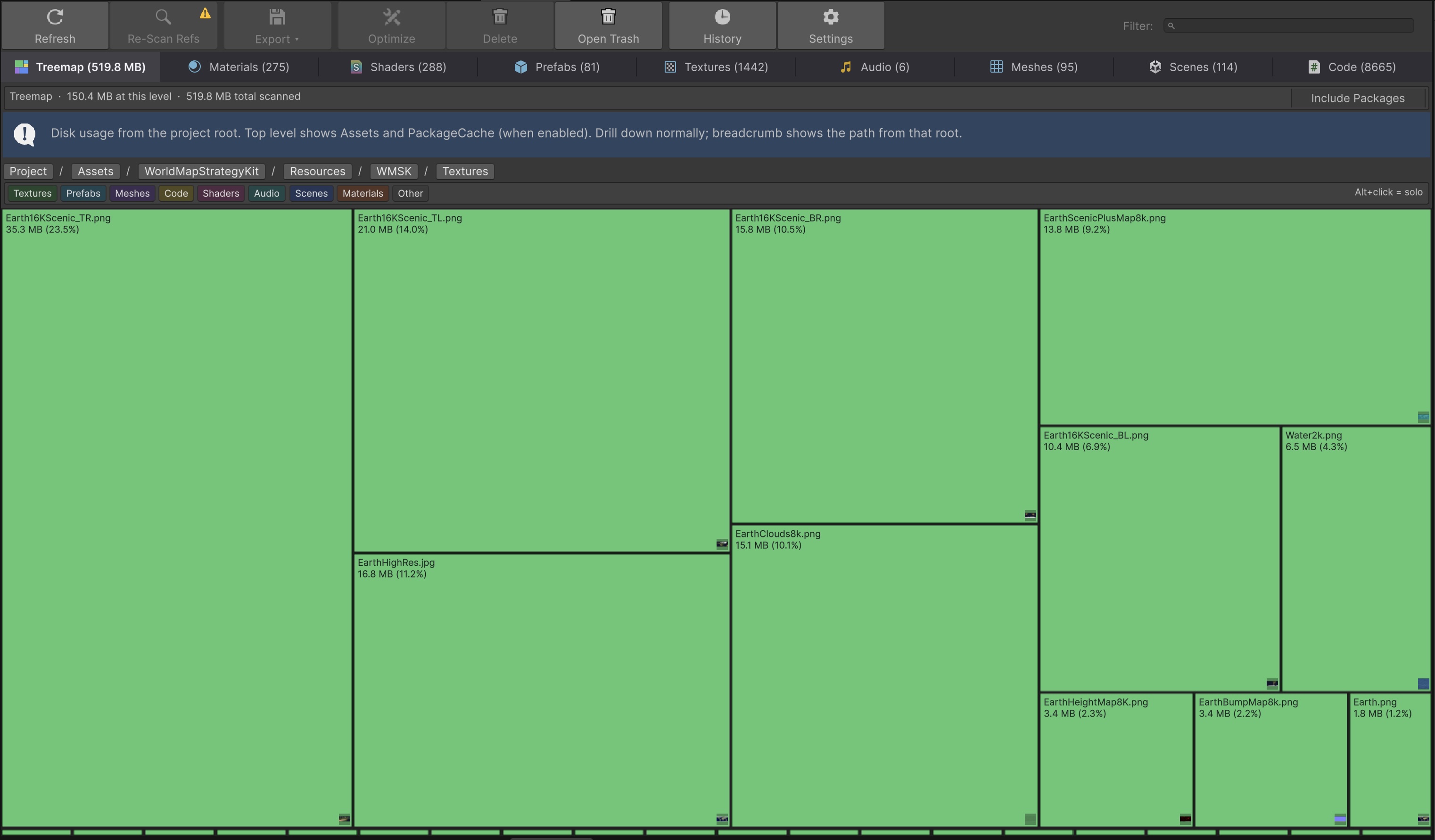 Project Inventory - Treemap tab showing the disk-size map of every file in the project with hover preview