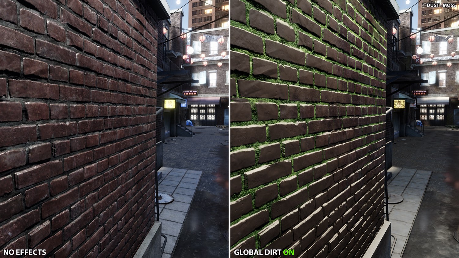 A brick wall in a street, before and after the effect