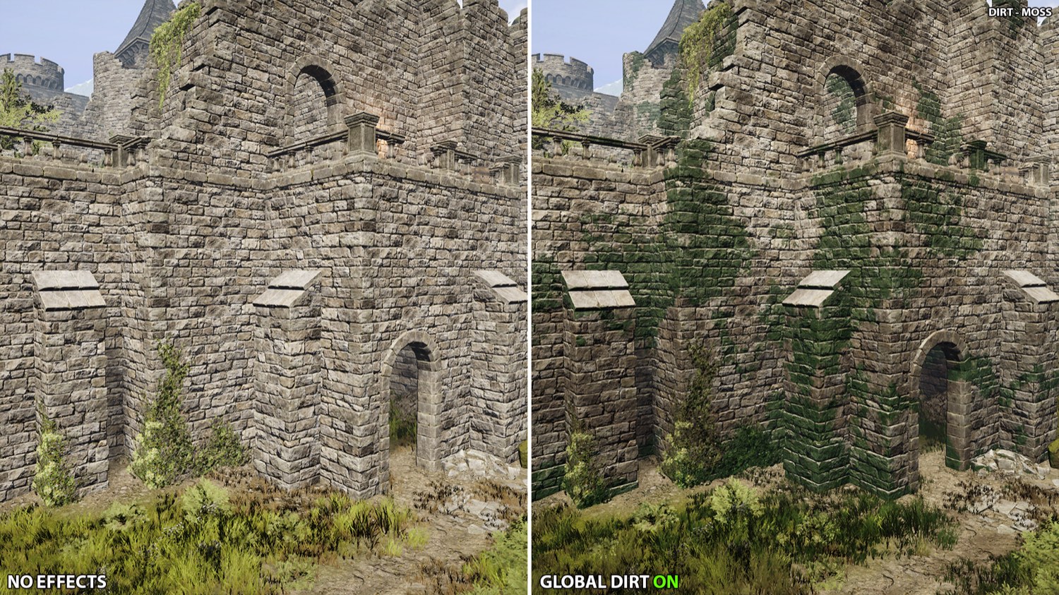 A stone castle wall before and after the effect