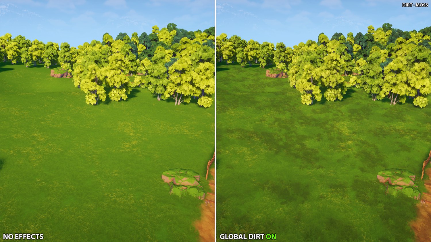 An open meadow with trees before and after the effect