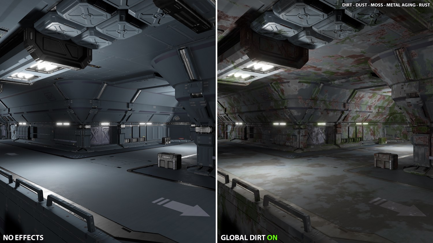 A science fiction hangar interior before and after the effect