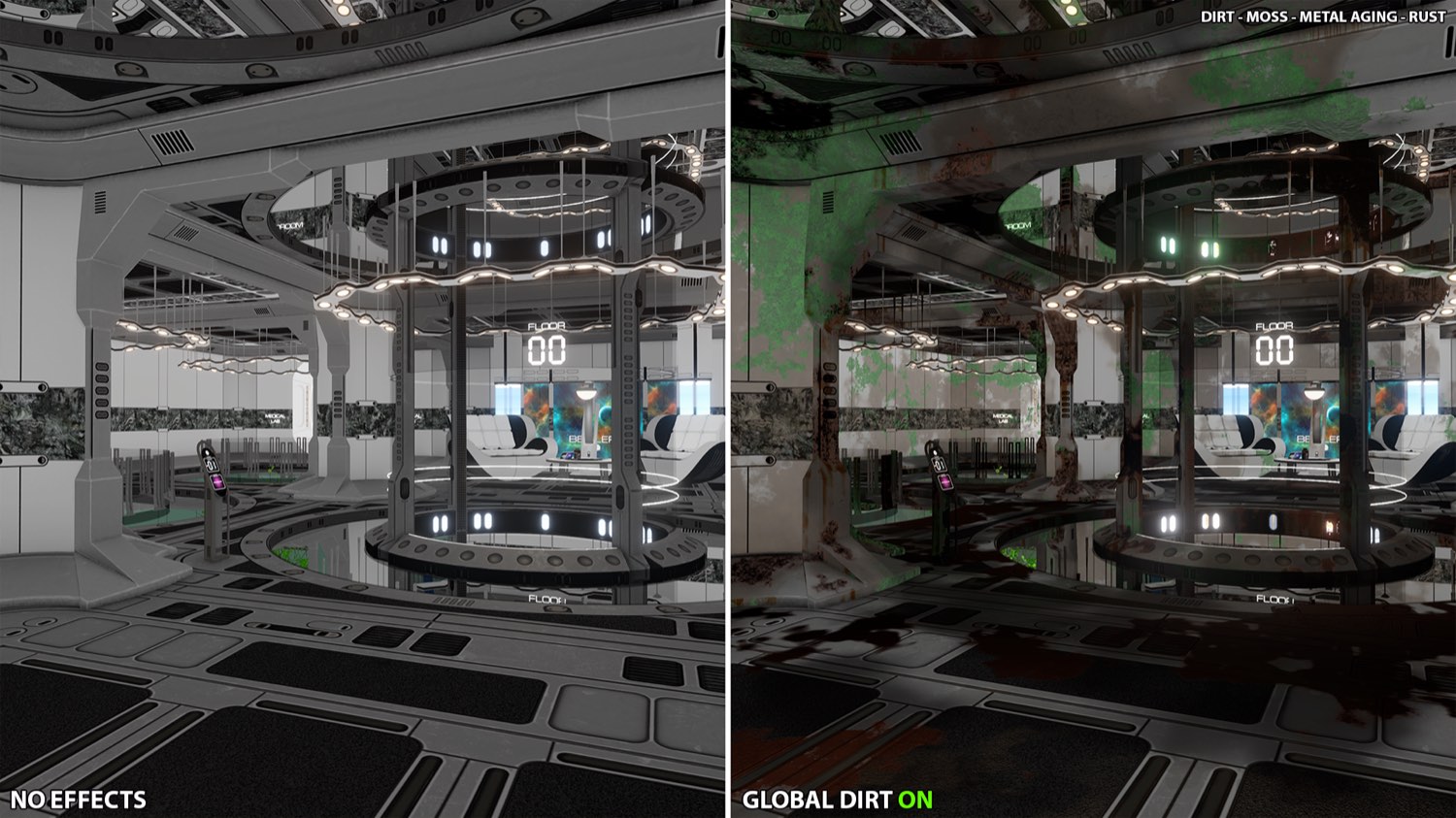 A bright science fiction lobby before and after the effect