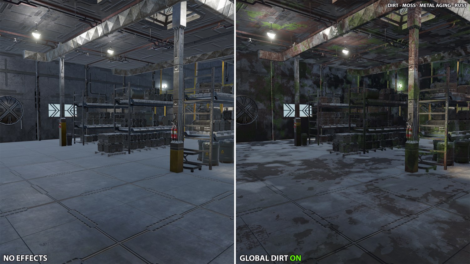 An industrial interior rendered twice, with the effect off on the left and on on the right