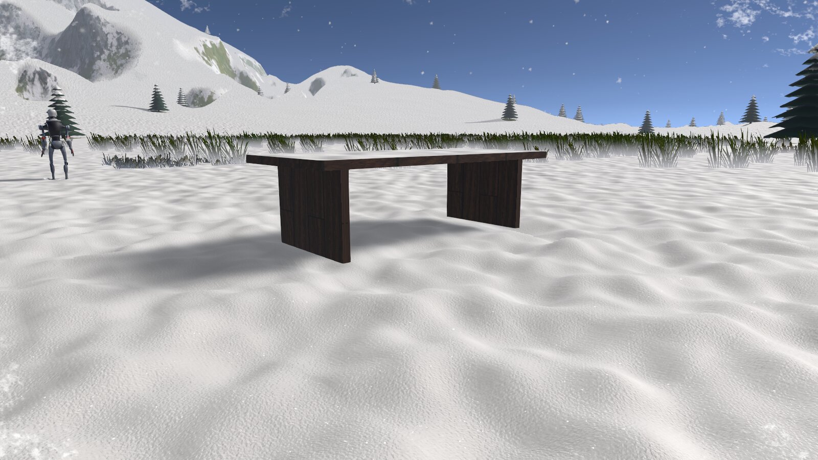 A table with Block Snow/Rain only: the snow accumulation covers the ground under it and buries its legs