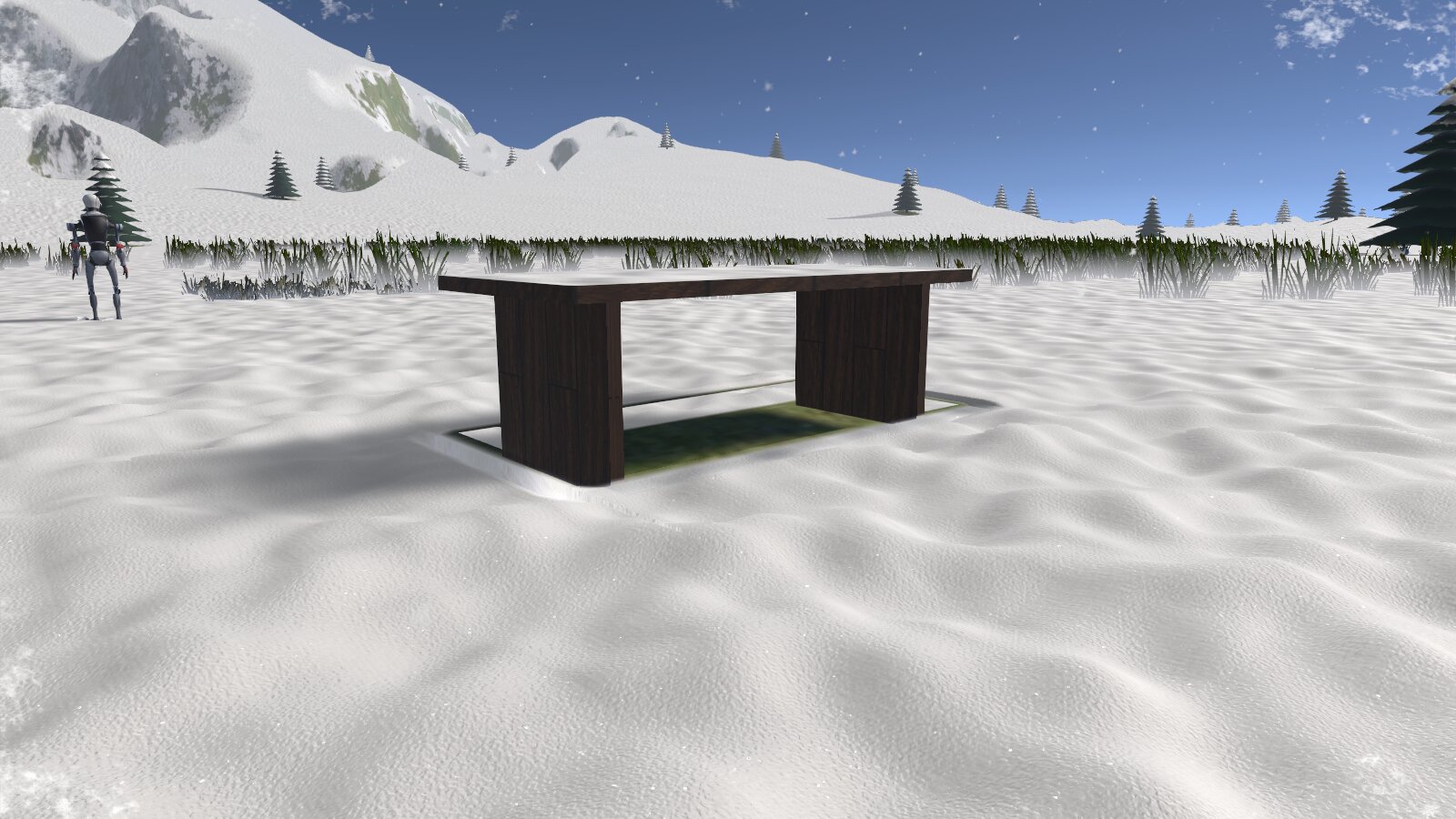 The same table with Block Snow/Rain and Precise: the ground under it is bare and the accumulation ends at its outline
