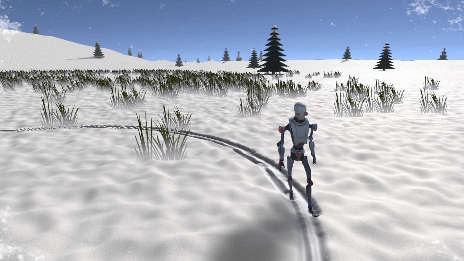The demo robot walking in the snow and leaving a trail of deep marks with raised rims