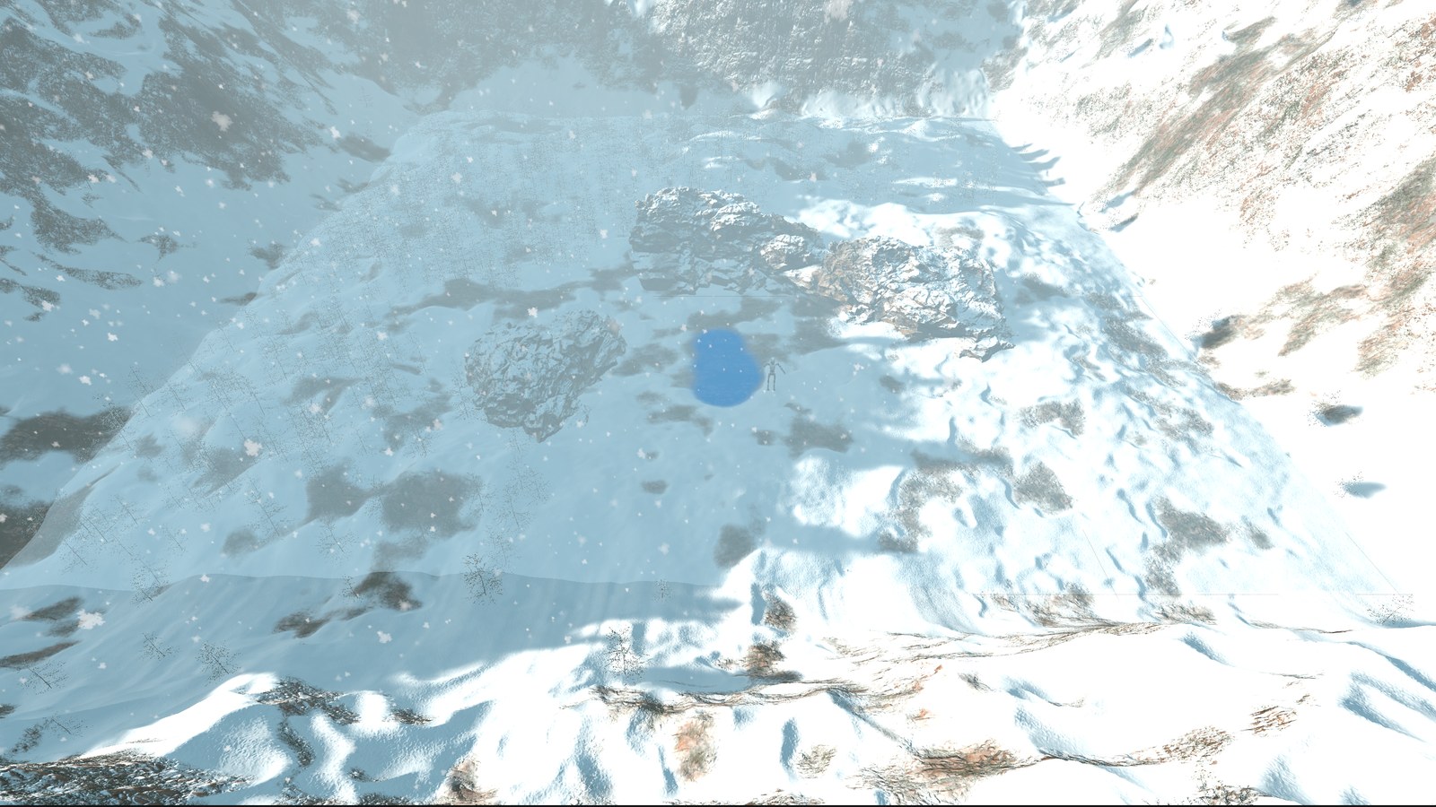 Scene View of the forest demo with the Puddle Editor on: the puddle mask area tinted light blue and the painted pond in darker blue