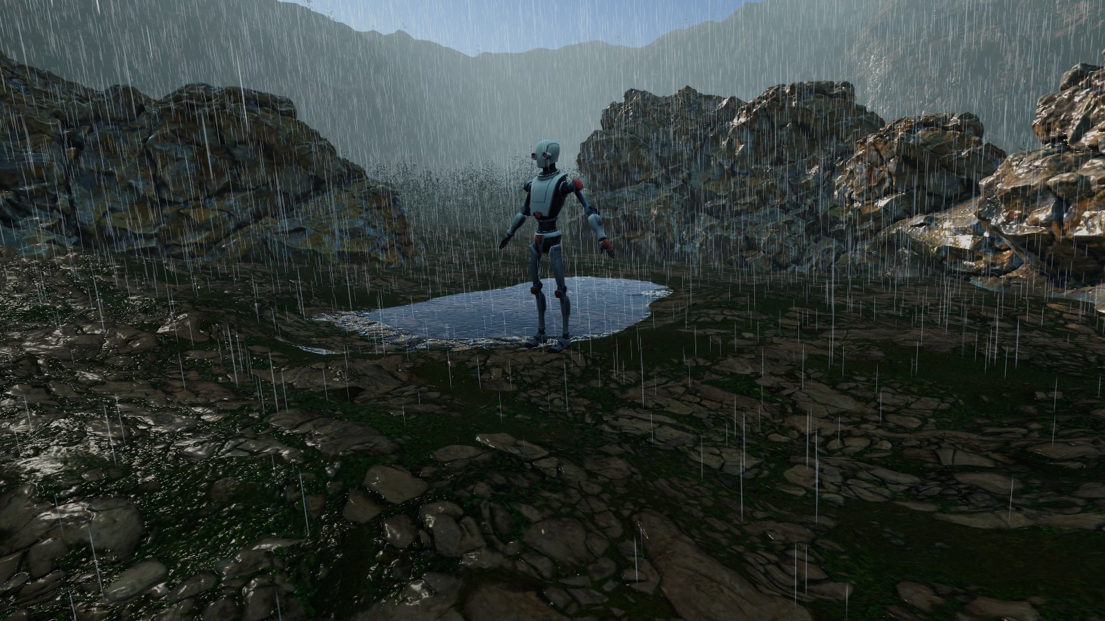 Forest demo at +7 °C with heavy rain: wet rocks and ground, and Robot Kyle standing in the pond
