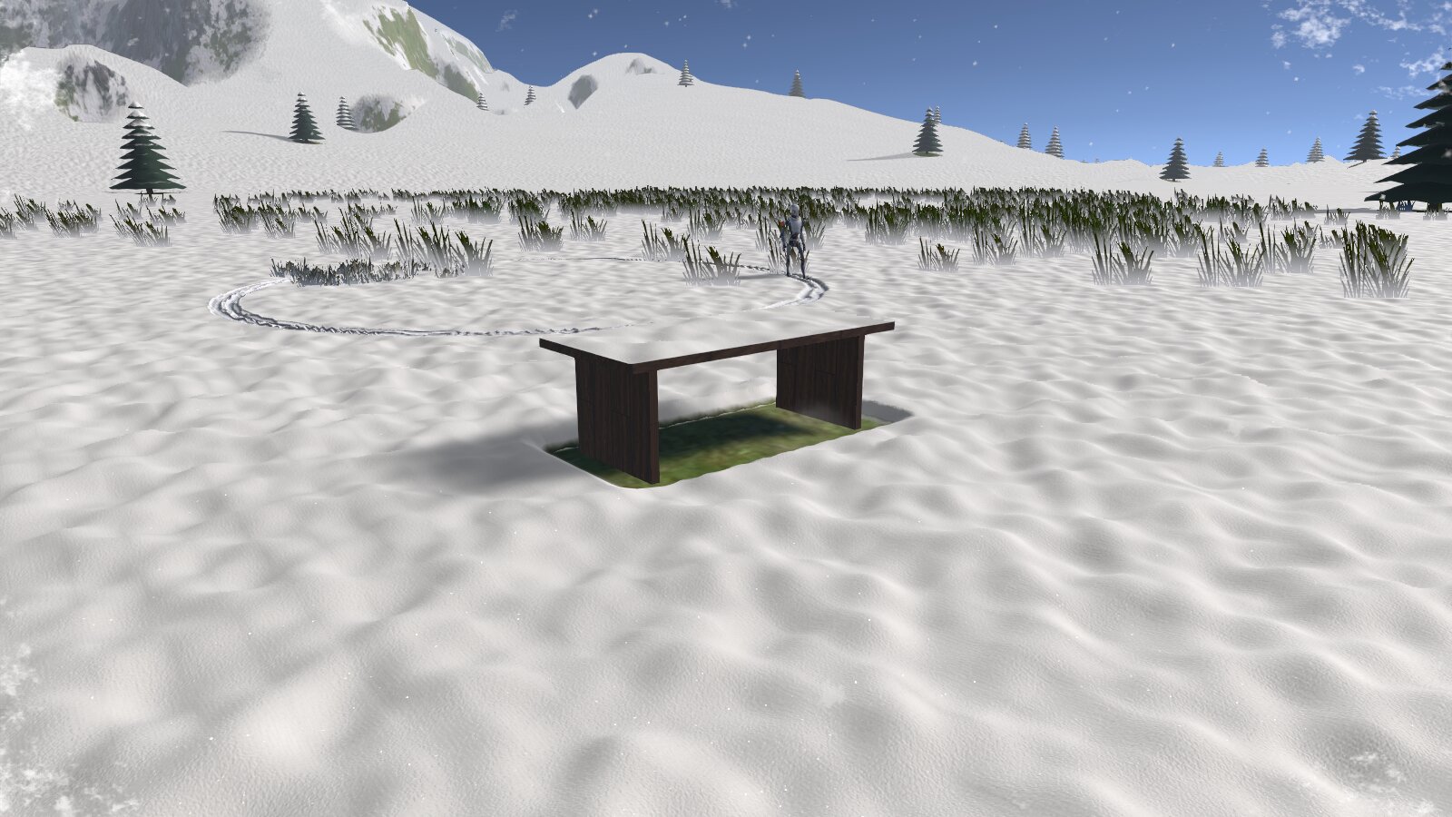 A terrain under the Snow Accumulation, with a ring of deep marks left by the robot and a table with Block Snow/Rain and Precise