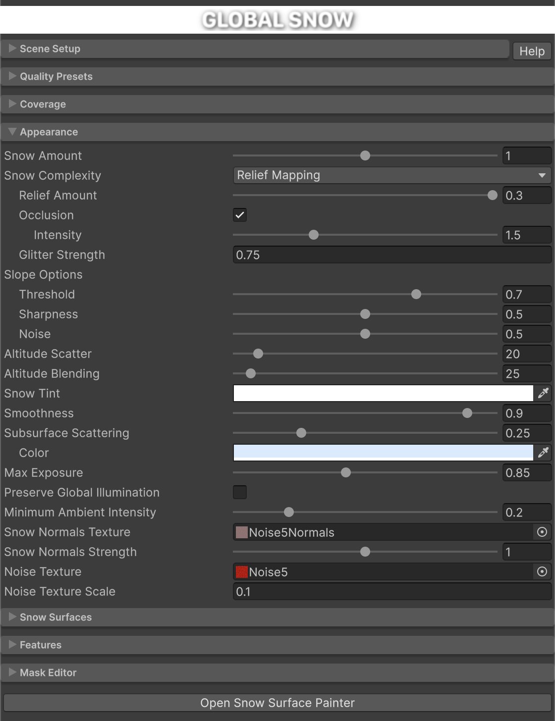 Appearance section in the Global Snow inspector