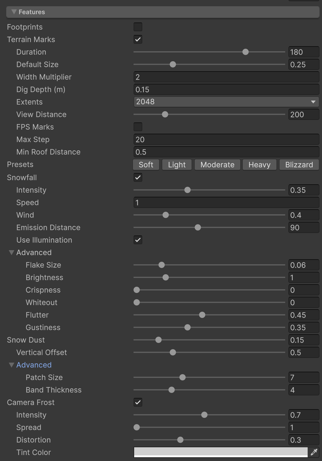 Features section (Terrain Marks, weather Presets, Snowfall, Snow Dust, Camera Frost) in the Global Snow inspector