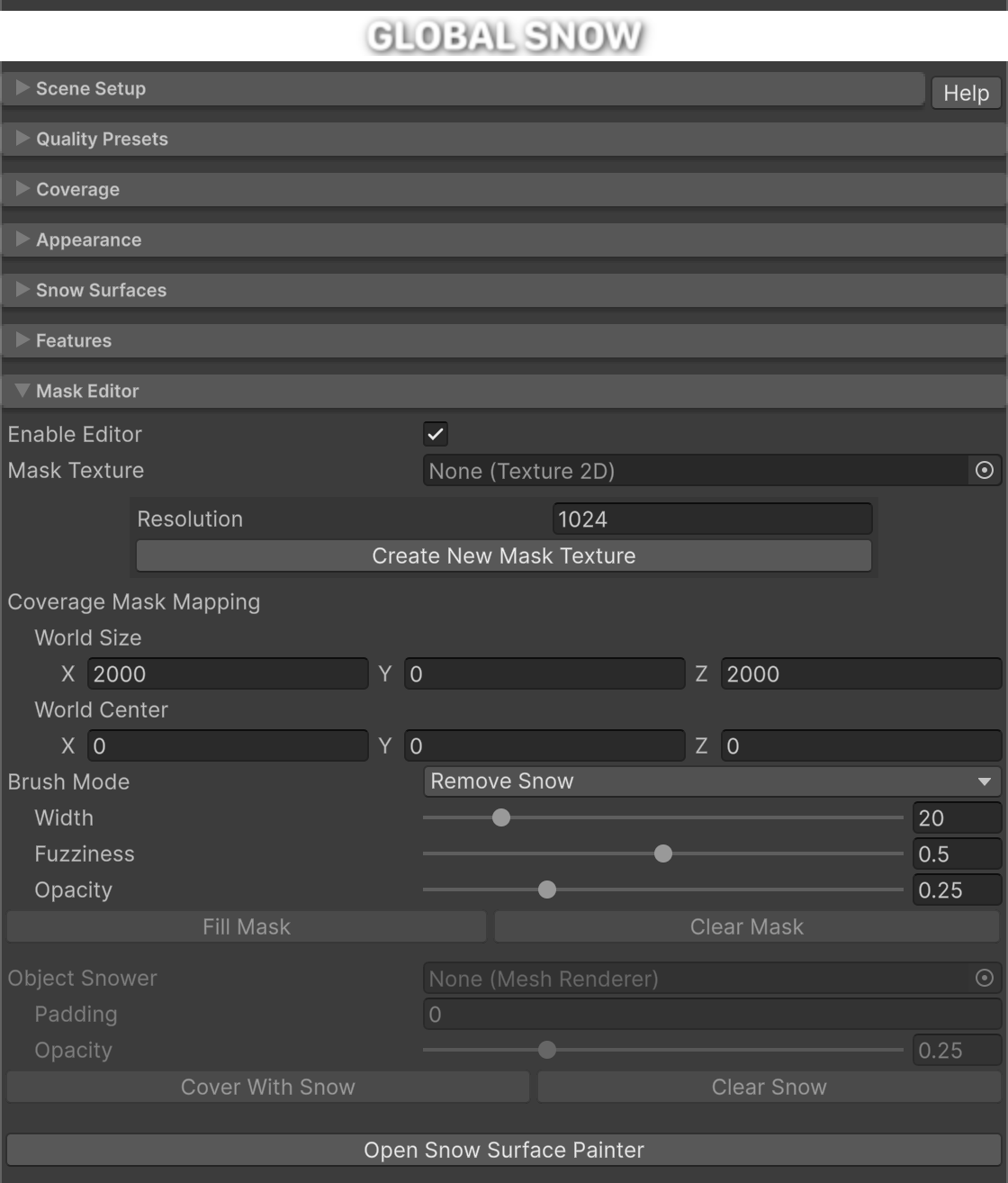 Mask Editor section in the Global Snow inspector