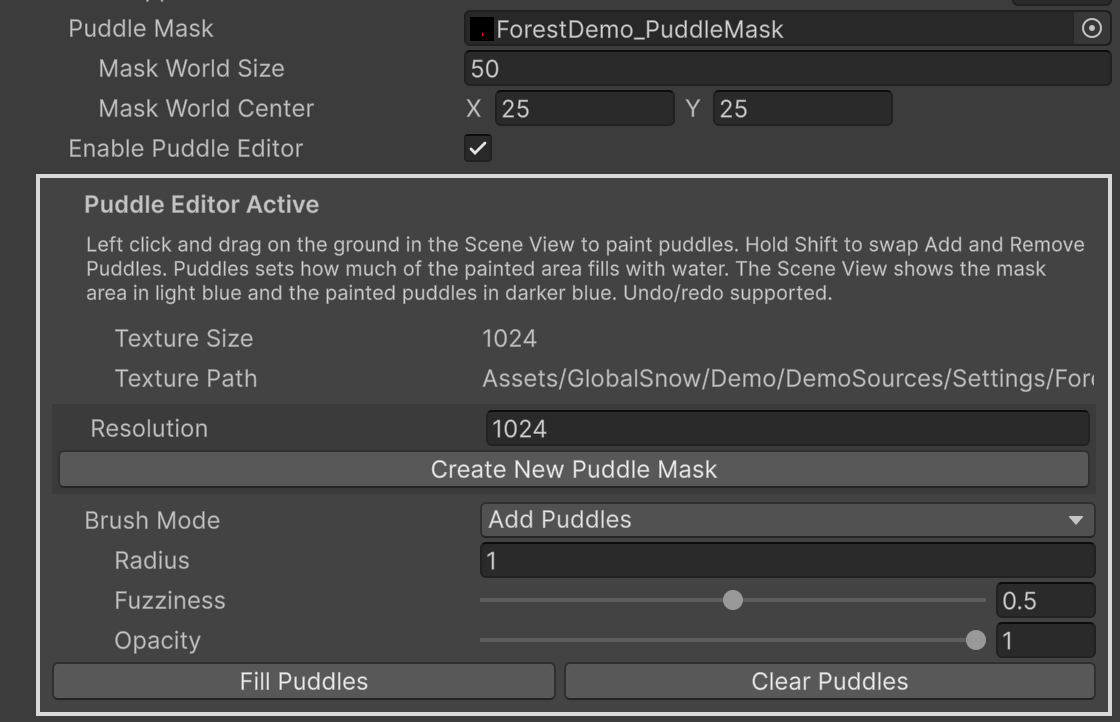 Puddle Mask and Puddle Editor options in the Rain and Wetness foldout of the Global Snow inspector