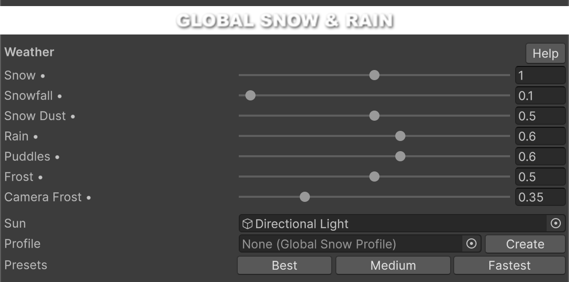 Weather block at the top of the Global Snow inspector, with the Snow, Snowfall, Snow Dust, Rain, Puddles, Frost and Camera Frost sliders