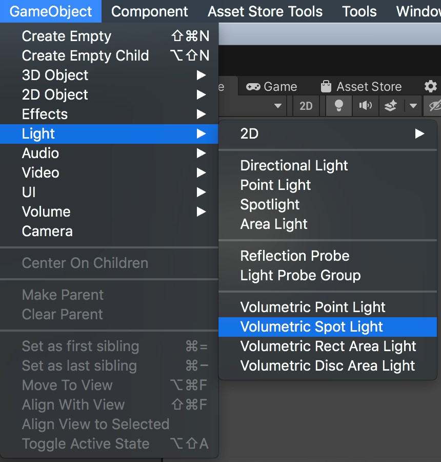 Creating volumetric lights from the menu