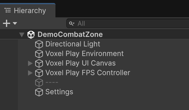 DemoCombatZone scene hierarchy with the Settings object