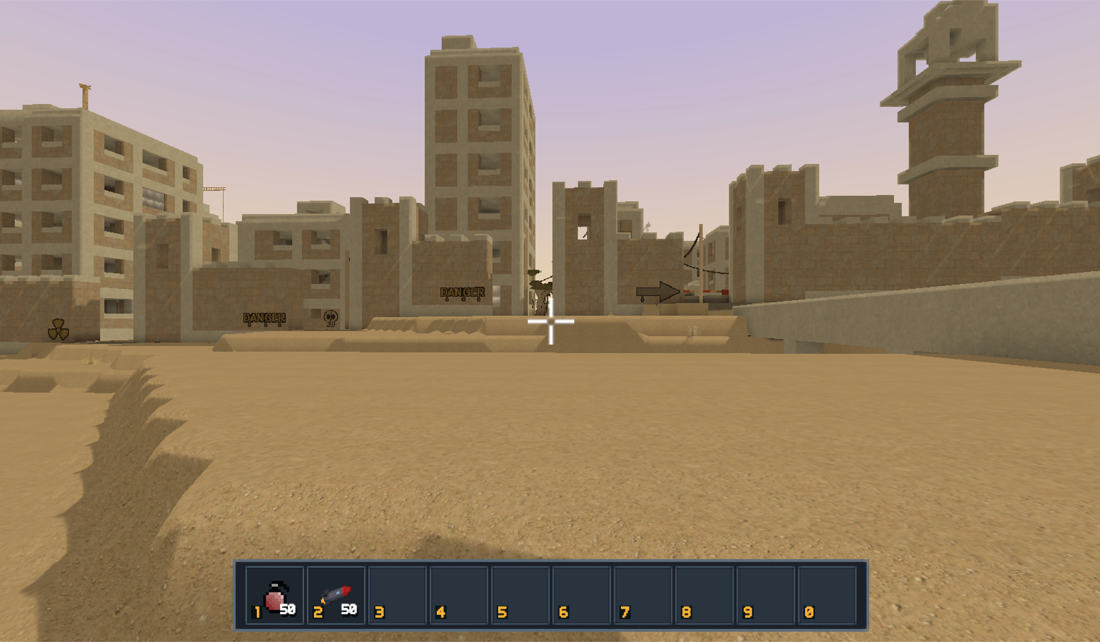 In-game hotbar with a grenade in slot 1 and the rocket launcher in slot 2