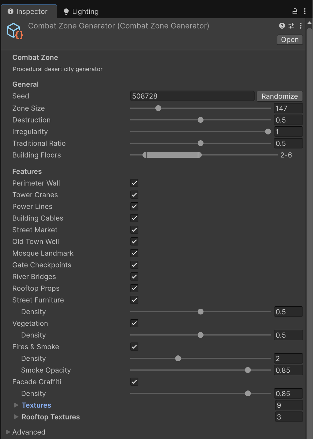 Combat Zone Generator inspector