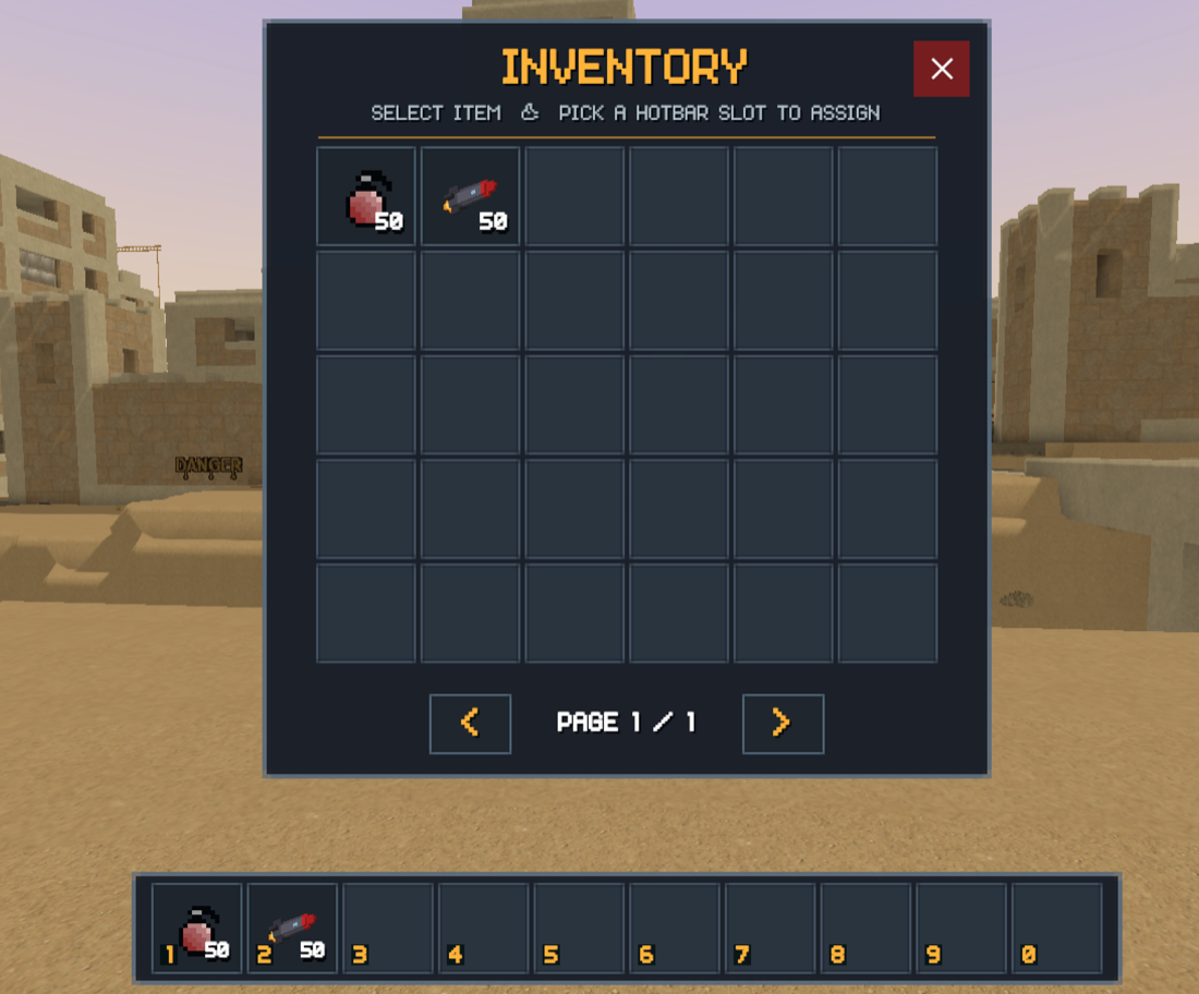 Paged inventory open above the hotbar, ready to assign an item to a slot