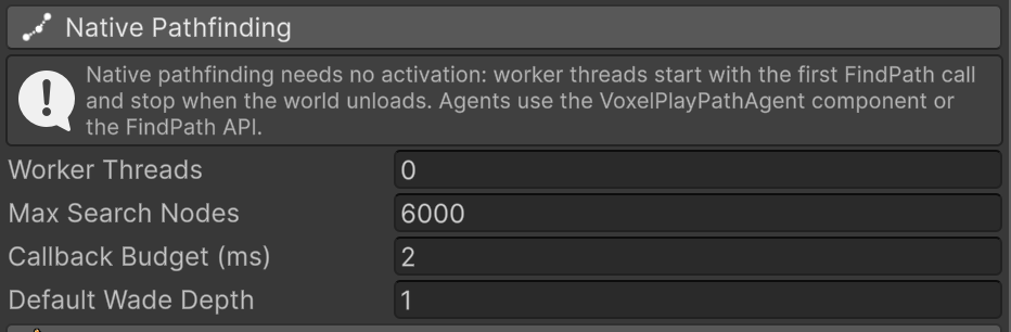 Native Pathfinding section in the Voxel Play Environment inspector