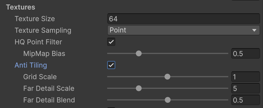 Anti Tiling settings in the Voxel Play Environment: toggle plus Grid Scale, Far Detail Scale and Far Detail Blend sliders