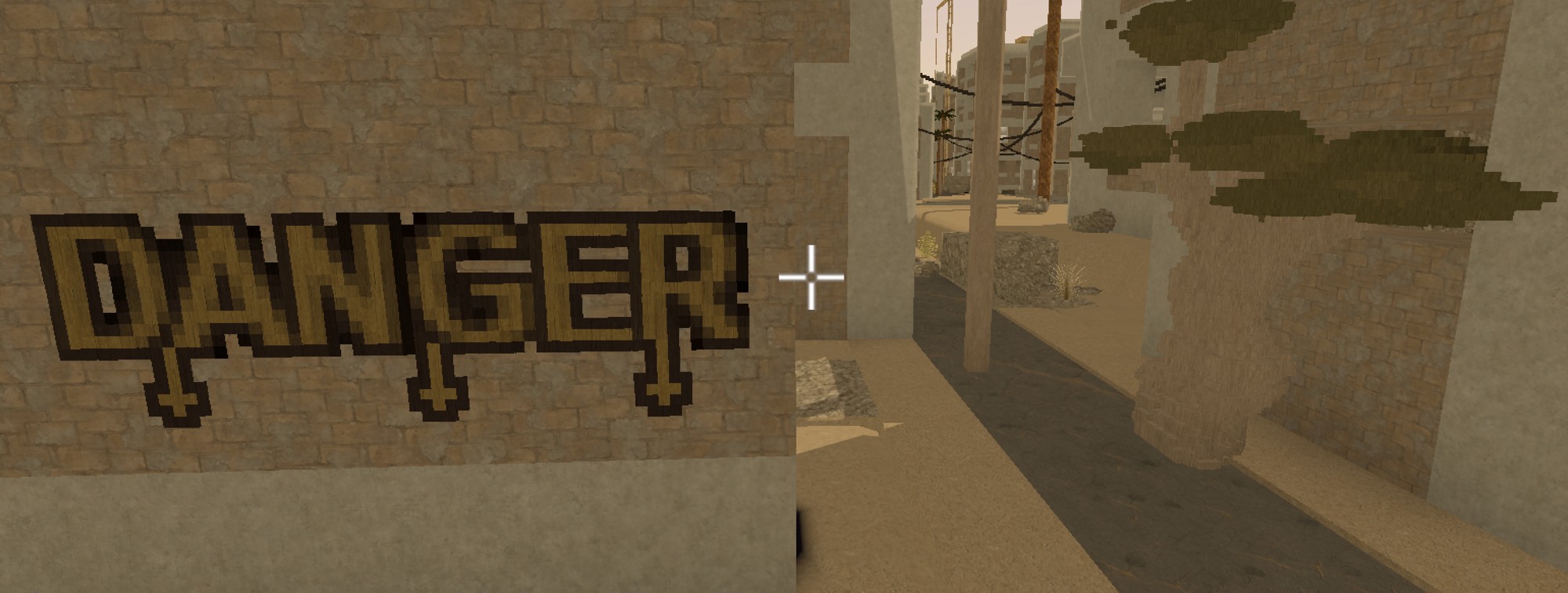 Colored microvoxels: DANGER text sprayed onto a brick wall in the Demo 1 graffiti mode, painted per cell with palette colors