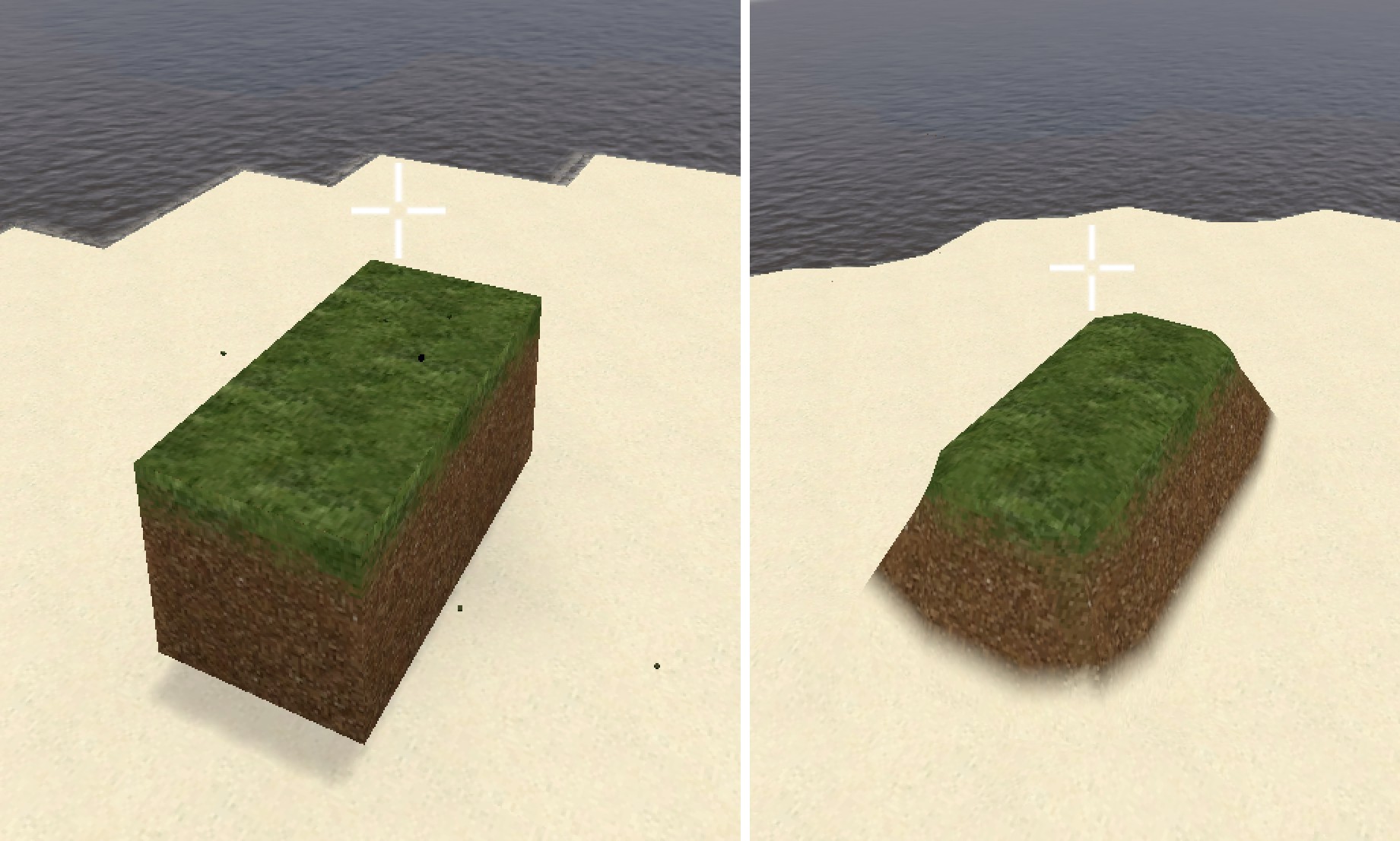 The same terrain with Smooth Geometry off (left, hard cubes) and on (right, rounded Surface Nets surface)