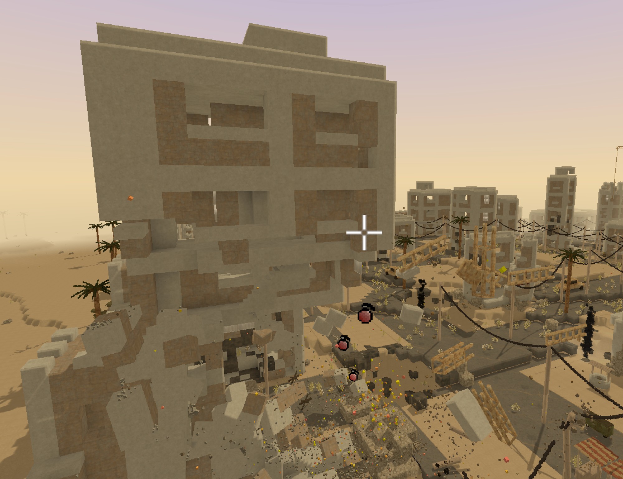 Structural collapse: a building breaking apart into falling debris and dust in a ruined city
