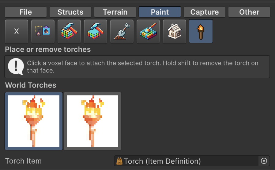 Torch tool inspector with the World Torches grid and the Torch Item field