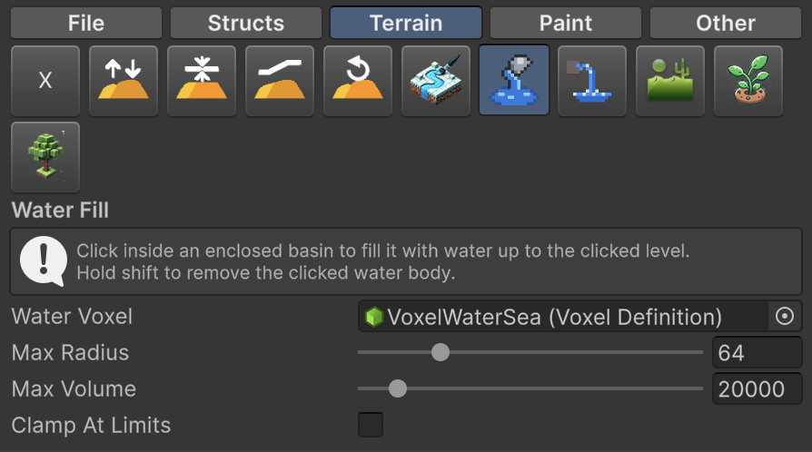 Water Fill tool settings in the inspector