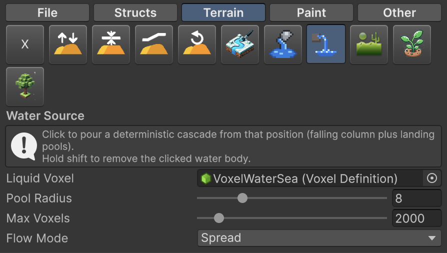 Water Source tool settings in the inspector