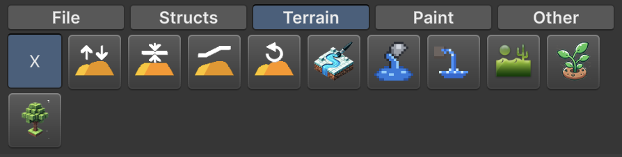 World Editor Terrain tab with the Water Fill and Water Source tools in the tool bar
