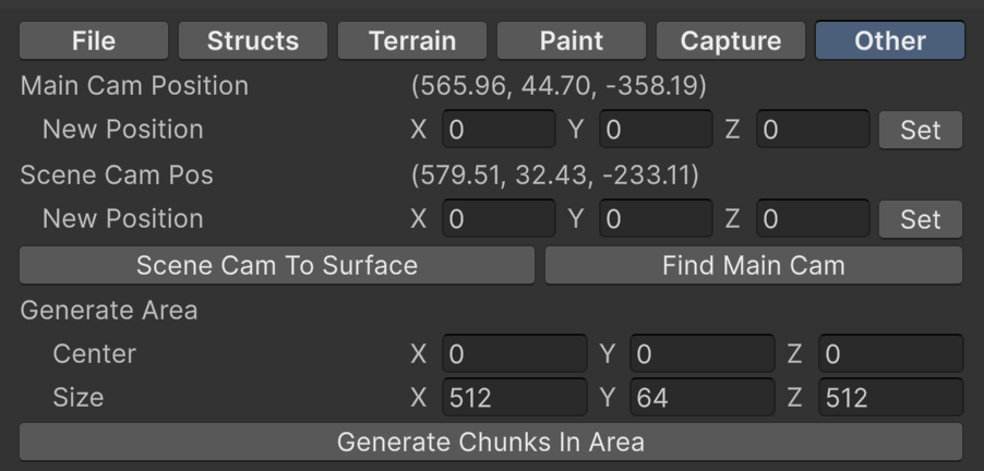 World Editor Other tab with camera positions and the Generate Area options