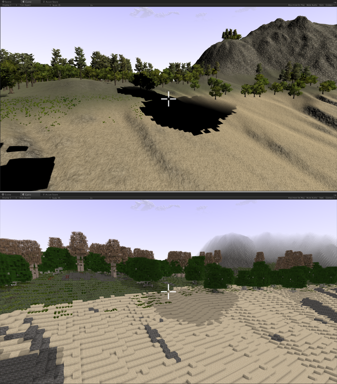 Unity Terrain converted to voxels - before and after comparison