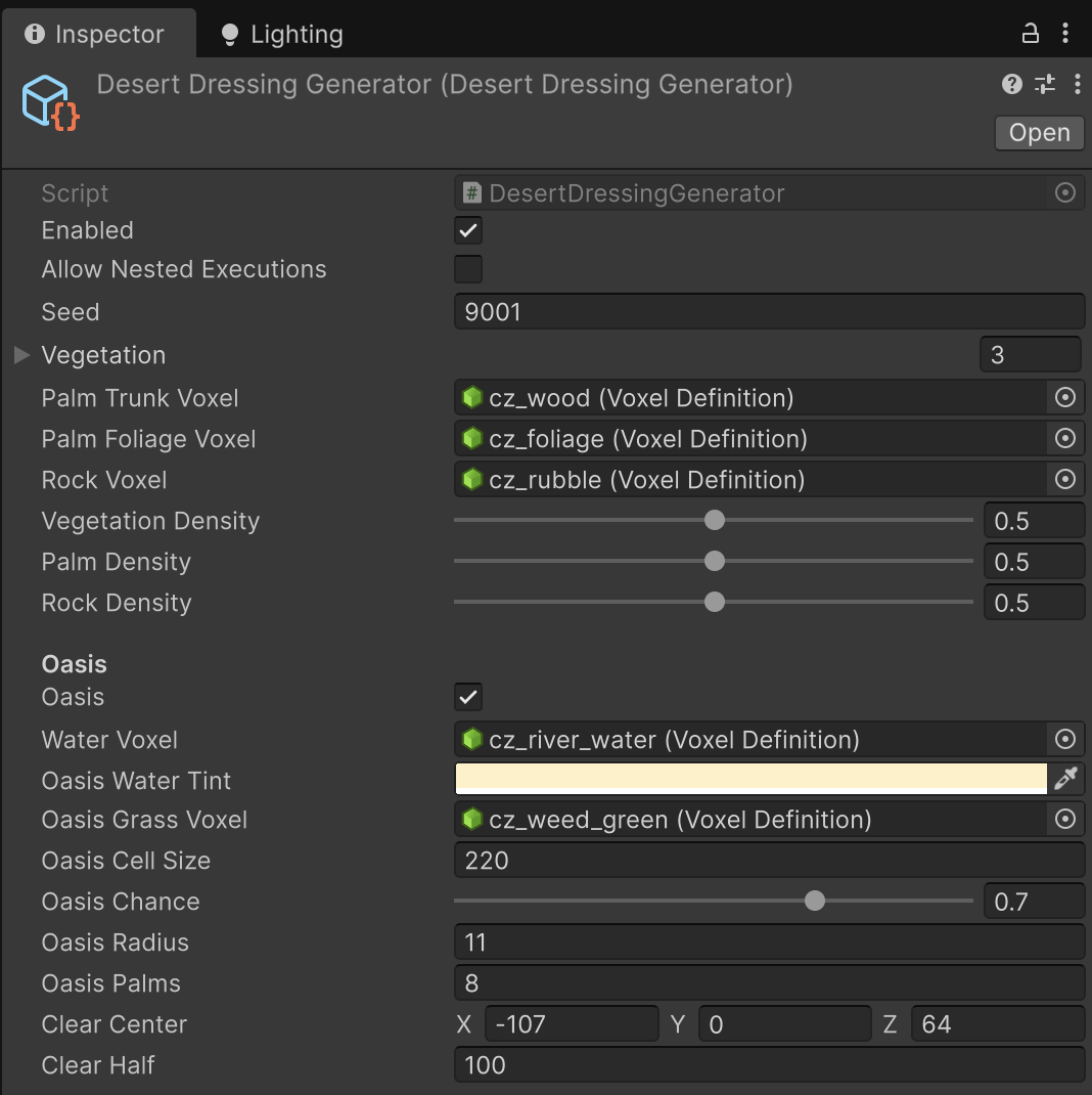 Desert Dressing Generator inspector: scatter and oasis settings