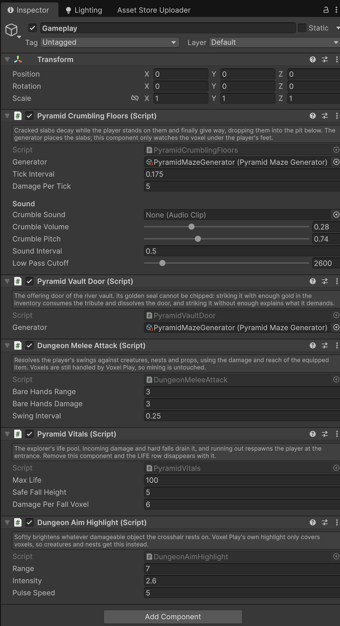 The Gameplay GameObject in the demo Hierarchy with its component stack in the Inspector