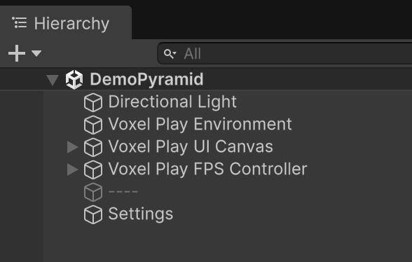 DemoPyramid scene hierarchy with the Settings object