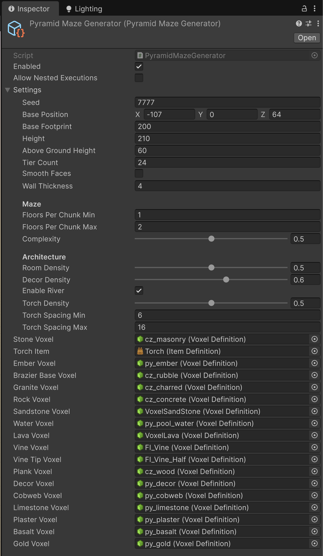 Pyramid Maze Generator inspector