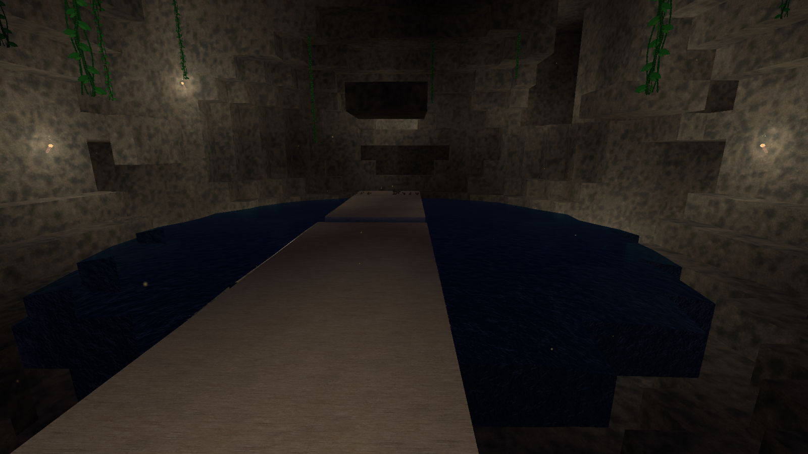 The plank bridge and its parkour gap over the cavern lake